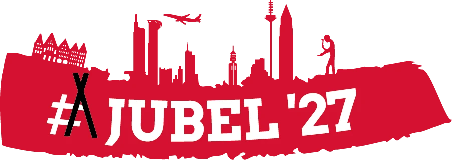 #Jubel '27 – Frankfurter Skyline mit Pfadfinder auf rotem Pinselstrich